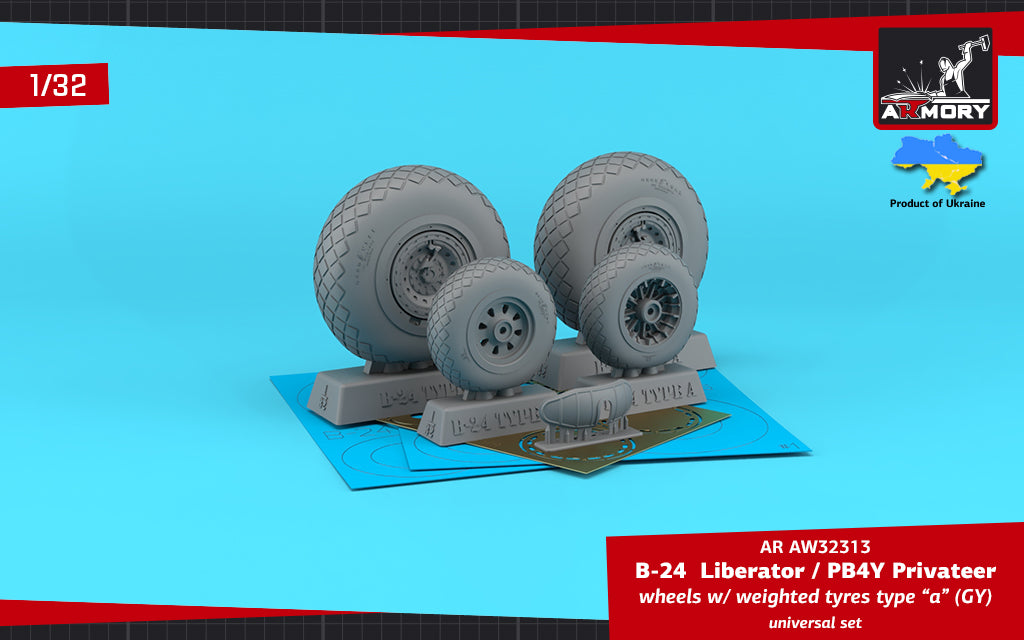 Armory AW32313 1:32 Consolidated B-24 Liberator / PB4Y Privateer wheels with weighted tyres type 'a' (GY), 2 types nose wheels