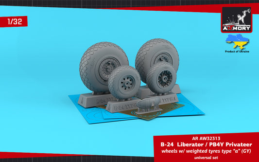 Armory AW32313 1:32 Consolidated B-24 Liberator / PB4Y Privateer wheels with weighted tyres type 'a' (GY), 2 types nose wheels