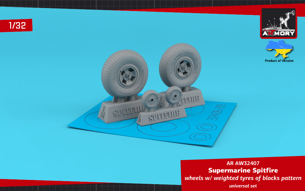 Armory AW32407 1:32 Supermarine Spitfire wheels with weighted tyres of block pattern & 4-spoke hubs