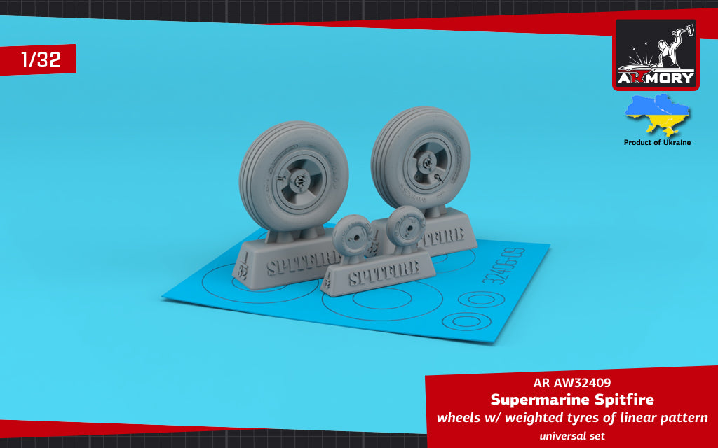 Armory AW32409 1:32 Supermarine Spitfire wheels with weighted tyres of linear pattern & 3-spoke hubs