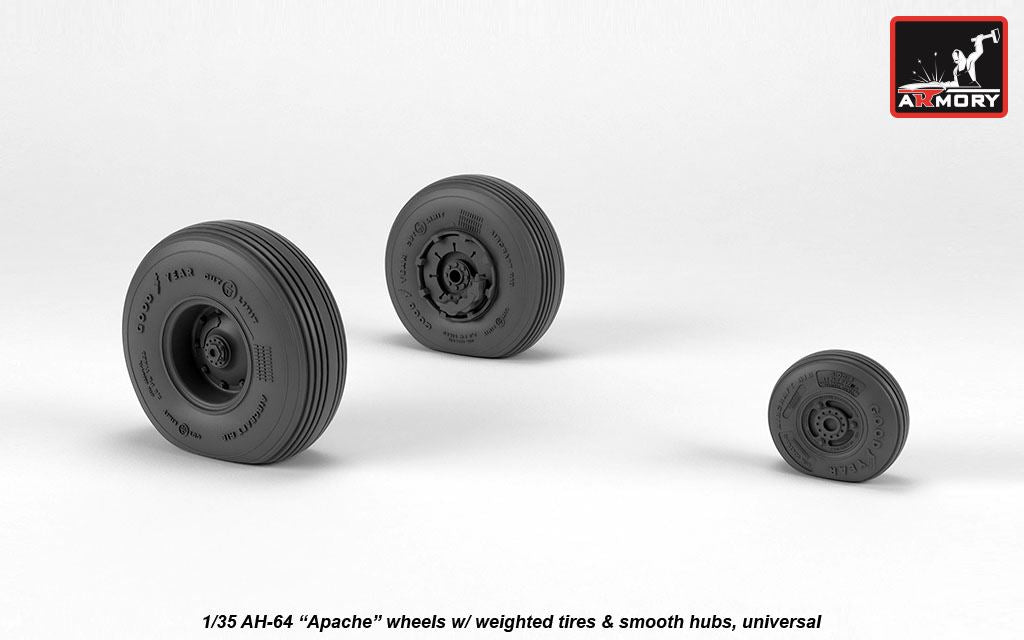 Armory AW35304 1:35 Boeing/Hughes AH-64A Apache wheels with weighted tires/tyres, smooth hubs