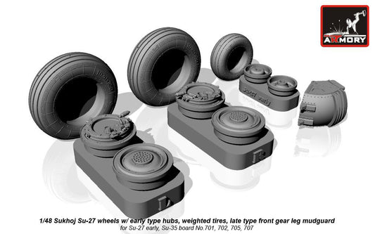 Armory AW48020B 1:48 Sukhoi Su-27 Flanker wheels with early type hubs, weighted tires/tyres, late type front mudguard