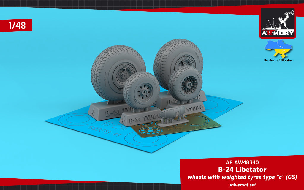 Armory AW48340 1:48 Consolidated B-24D/B-24J Liberator wheels with weighted tyres type 'c' (GS), 2 types nose wheels,