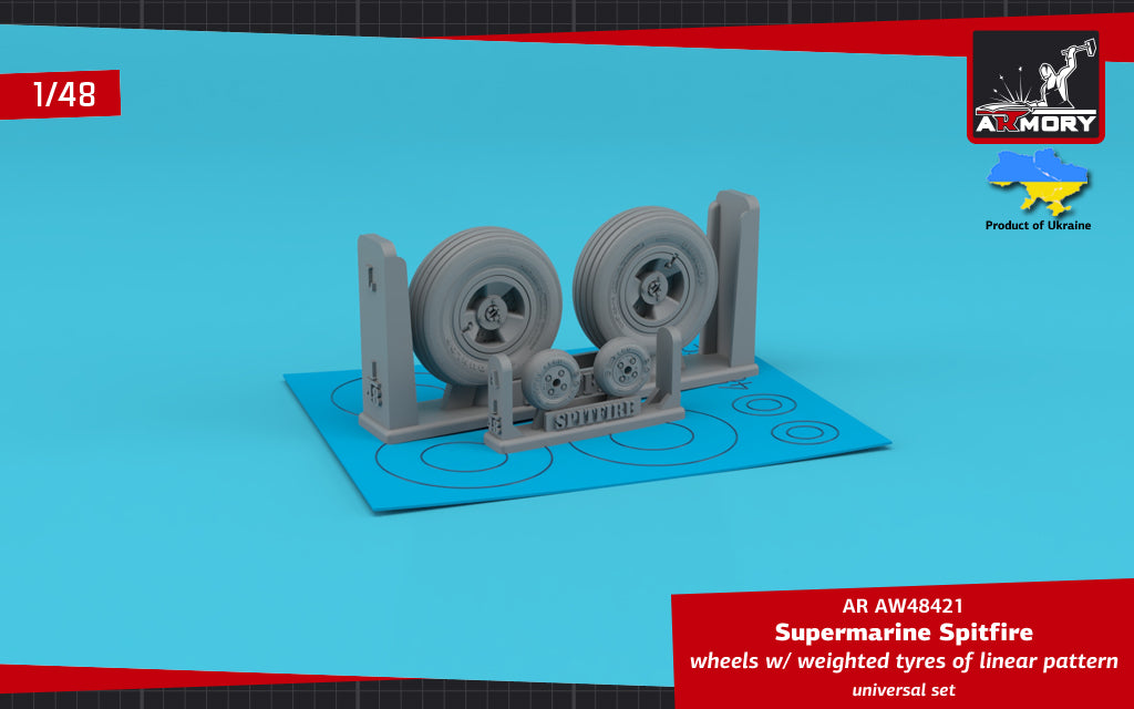 Armory AW48421 1:48 Supermarine Spitfire wheels with weighted tyres of concentric line pattern & 3-spoke hubs