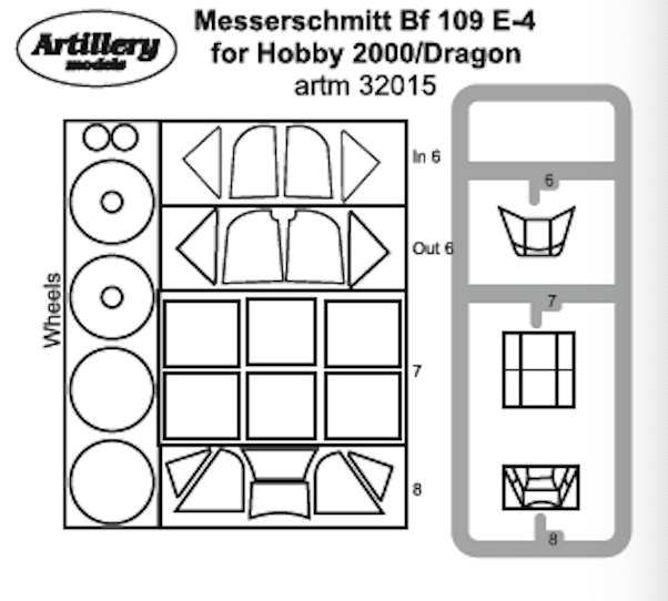 Artillery M32015 1:32 Messerschmitt Bf-109E-4 wheels and canopy frame paint mask
