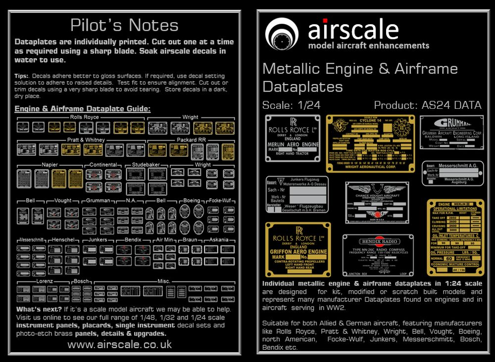 Airscale AS24DATA 1:24 Metallic Placards & Data Plates Allied and Axis WWII