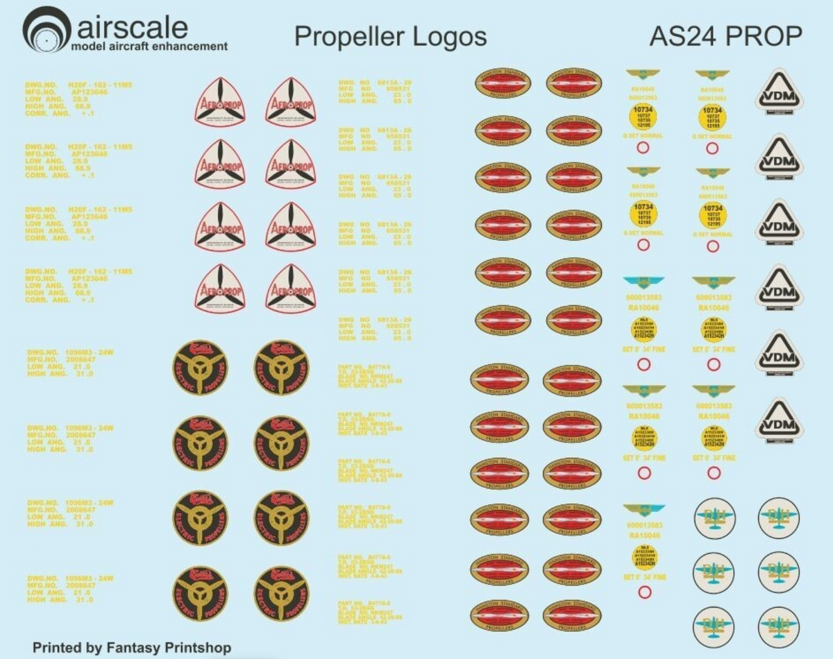 Airscale AS24PROP 1:24 Propeller Blade Logos for Allied & Luftwaffe Aircraft with Manufacturers Hamilton Standard, Rotol, De Havilland, Curtiss, Aeroproducts & VDM