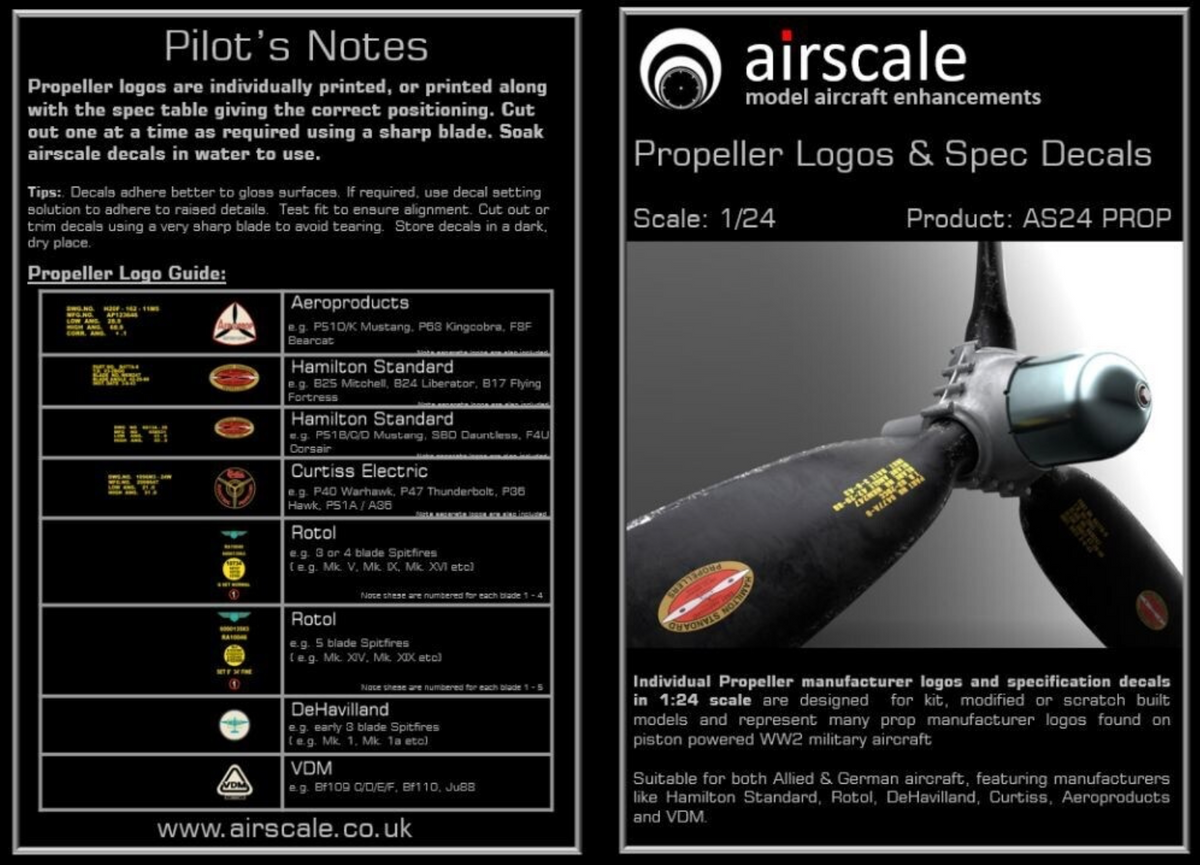 Airscale AS24PROP 1:24 Propeller Blade Logos for Allied & Luftwaffe Aircraft with Manufacturers Hamilton Standard, Rotol, De Havilland, Curtiss, Aeroproducts & VDM