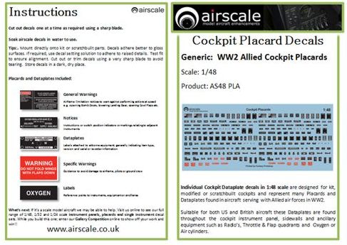 Airscale AS48PLA 1:48 Generic WWII Allied Cockpit Placards & Dataplates (x232)