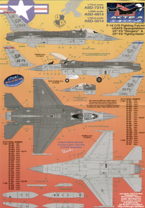 Astra Decals ASD-4814 1:48 Lockheed-Martin F-16C/D Fighting Falcon USAFE Spangdahlem SP
