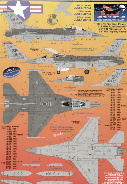 Astra Decals ASD-7214 1:72 Lockheed-Martin F-1C/D Fighting Falcon USAFE Spangdahlem SP