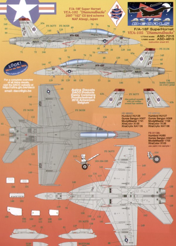 Astra Decals ASD-7215 1:72 Boeing F/A-18F Super Hornet VFA-102