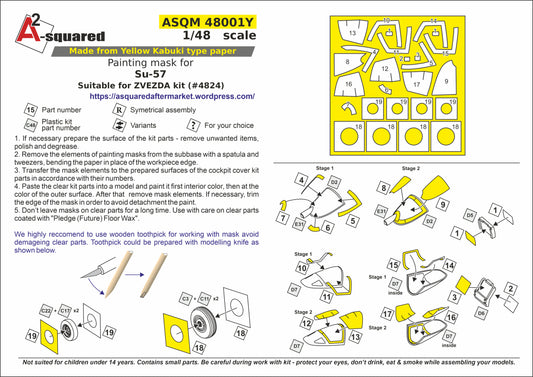 A-Squared M48001Y 1:72 Sukhoi Su-57 Die-Cut Mask for Painting Canopy Frame & Wheel Hub