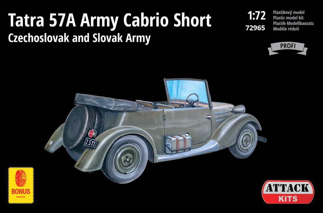 Attack Kits 72965 1:72 Tatra T57 Army Cabrio Short Tatra 57 Army Cabrio Short - Czechoslovak and Slovak ArmyThis version of the army convertible was originally designed for driver training. It differed from the standard version by a shorten