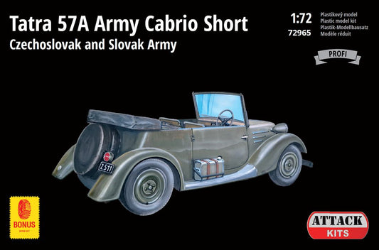 Attack Kits 72965 1:72 Tatra T57 Army Cabrio Short Tatra 57 Army Cabrio Short - Czechoslovak and Slovak ArmyThis version of the army convertible was originally designed for driver training. It differed from the standard version by a shorten