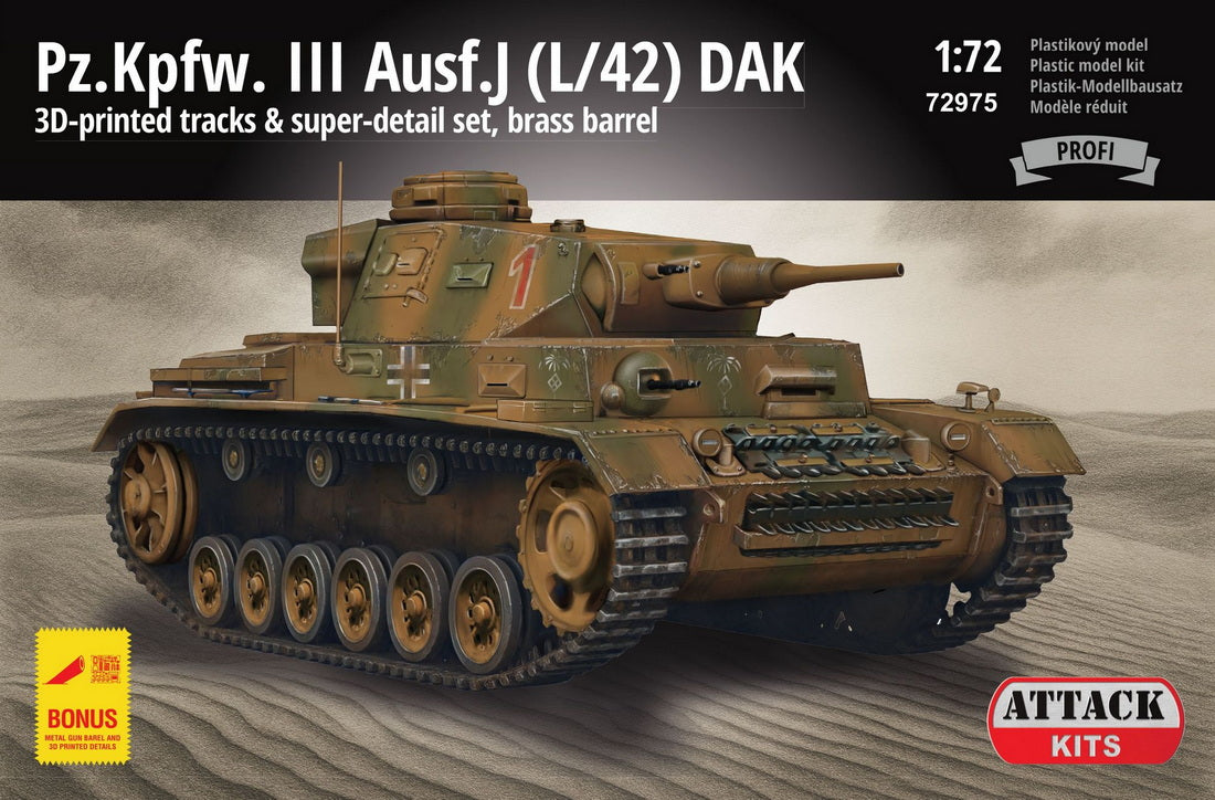 Attack Kits 72975 1:72 Pz.Kpfw.III Ausf.J (L/42) DAK includes 3D printed parts (tracks & details), metal gun barrel