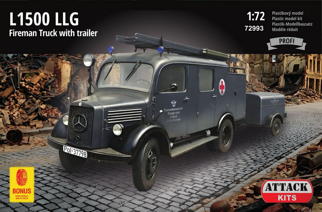 Attack Kits 72993 1:72 M.B. L1500S LLG WWII German Fire Truck with trailer. Profi Line, incl. 3D printed parts (wheels & details)