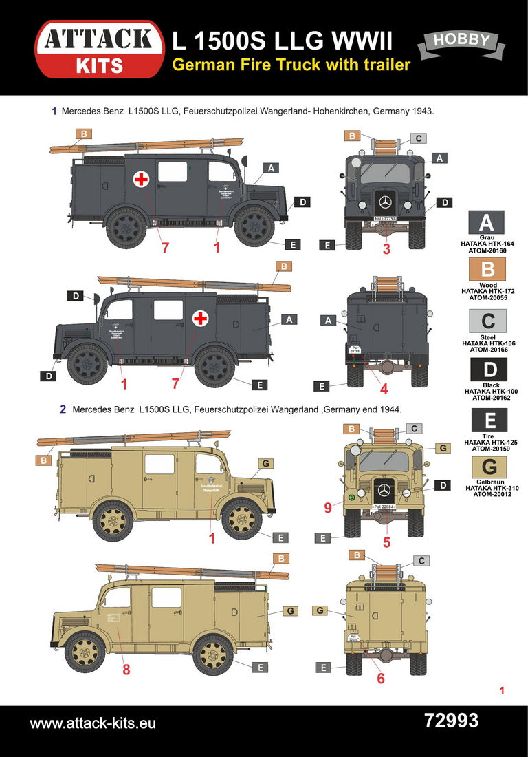 Attack Kits 72993 1:72 M.B. L1500S LLG WWII German Fire Truck with trailer. Profi Line, incl. 3D printed parts (wheels & details)