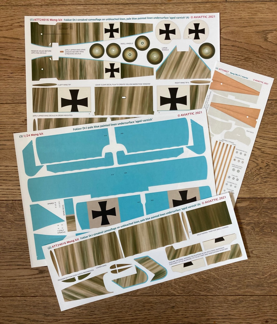 Aviattic ATT24016 1:24 Fokker Dr.I Triplane streaked camouflage on unbleached linen 'aged varnish', blue paint on linen under surfaces (B)