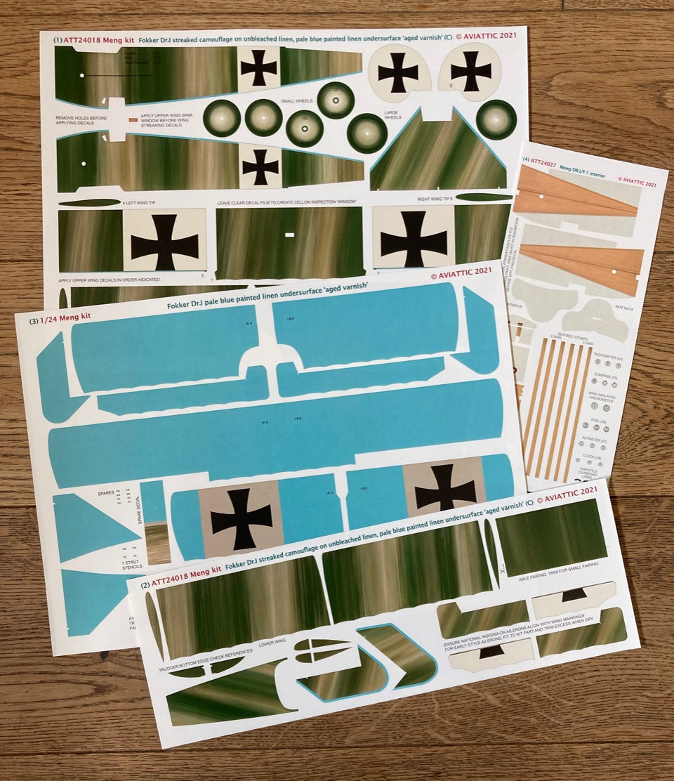 Aviattic ATT24018 1:24 (Meng) Fokker DR.I Triplane streaked camouflage on unbleached linen, pale blue painted linen undersurface 'aged varnish'(C)