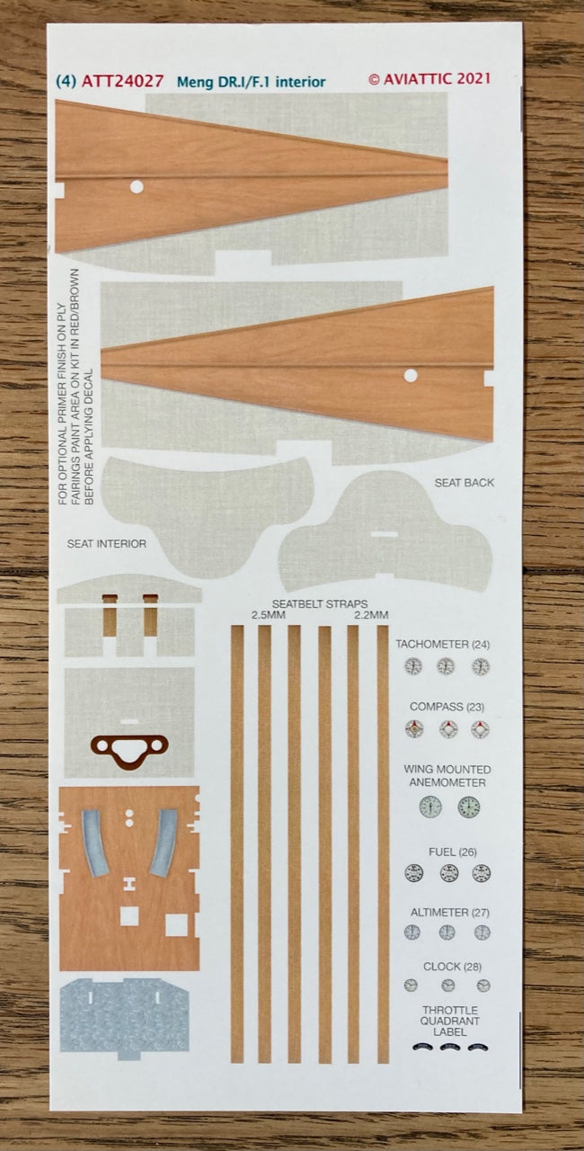 Aviattic ATT24027 1:24 Fokker F.I/Dr.I Triplane interior linen/plywood/seat/baffle and instrument faces