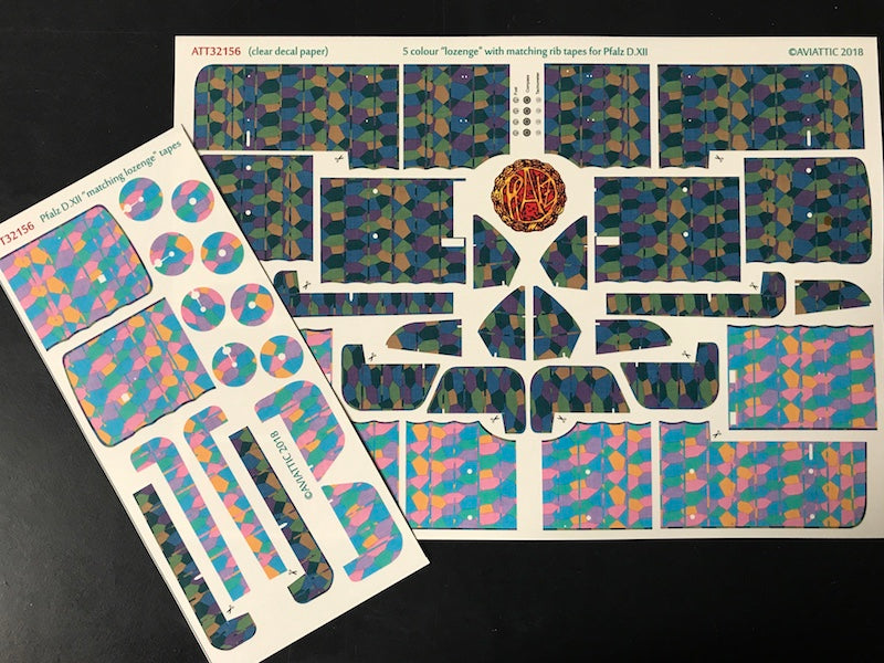 Aviattic ATT32156 1:32 Pfalz D.XII 5 colour 'lozenge' with upper & lower lozenge rib tapes (Clear decal paper)