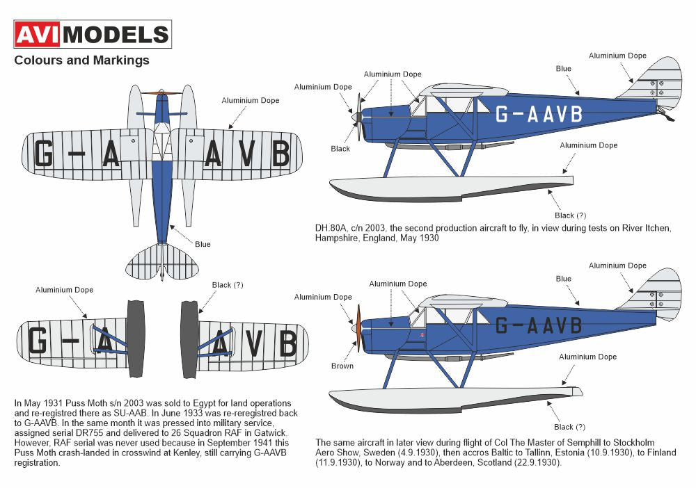 AVI Models AVI72016 1:72 de Havilland DH-80A Puss Moth floatplane 'On Floats'