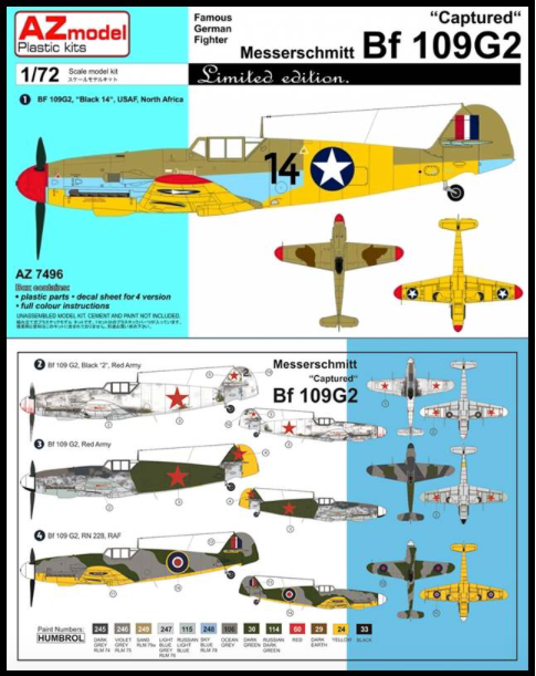 AZ Model AZ7496 1:72 Messerschmitt Bf-109G-2 Captured Planes, RAF and Russian