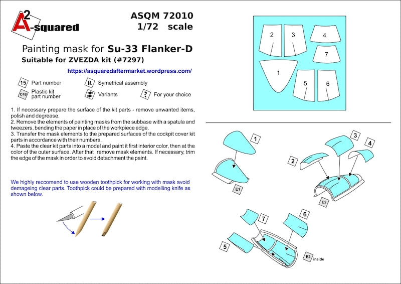 A-Squared ASQM72010 1:72 Painting Mask for Su-33 Flanker-D