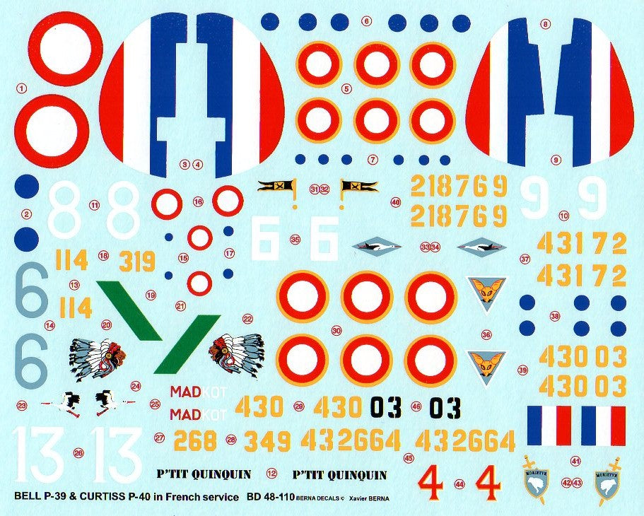 Berna Decals BD48-110 1:48 Bell P-39 'Limousin', 'Navarre', 'Travail' &amp; 'Auvergne' (5 schemes) and Curtiss P-40 'Lafayette'