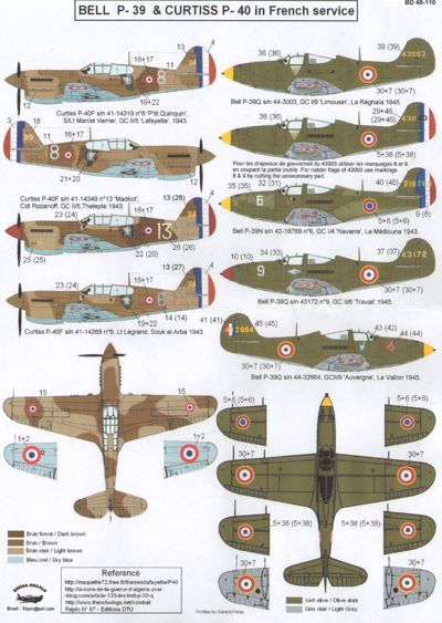 Berna Decals BD48-110 1:48 Bell P-39 'Limousin', 'Navarre', 'Travail' &amp; 'Auvergne' (5 schemes) and Curtiss P-40 'Lafayette'