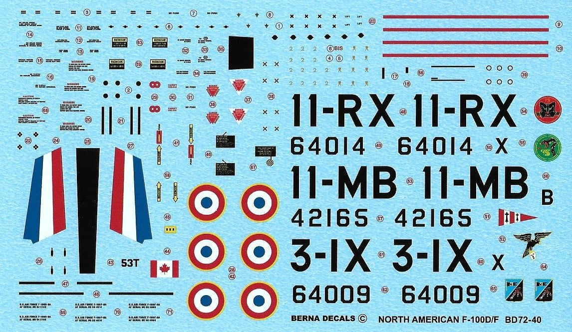Berna Decals BD72-40 1:72 F-100D Super Sabre French 11-MB F-100F Super Sabre 11-RX, 3-IX (3 schemes)
