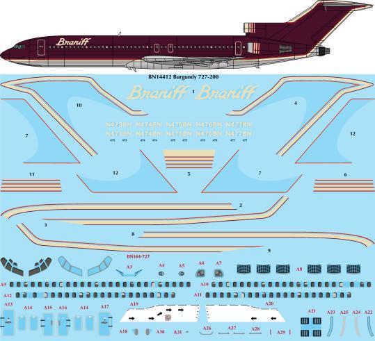 26 Decals BN14412 1:144 Braniff Ultra Burgundy Boeing 727-227