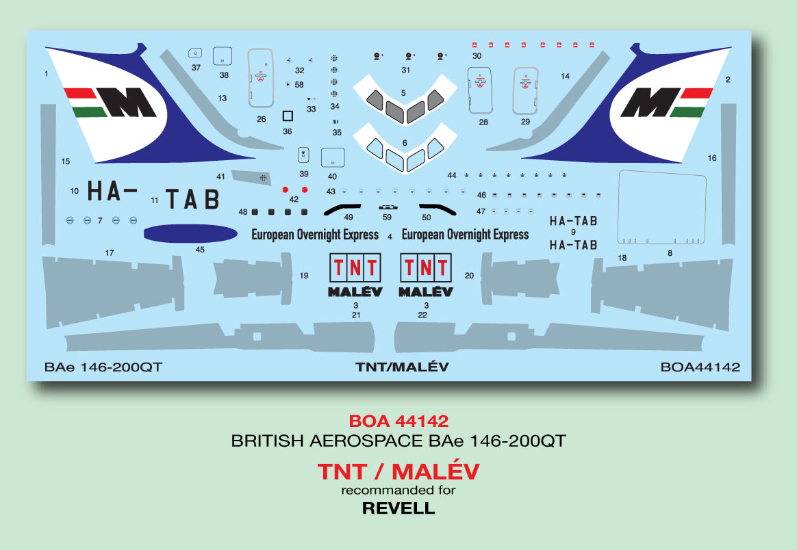 Boa Decals BOA 44142 1:144 BAe-146-200QT TNT/Malev for the Revell kit