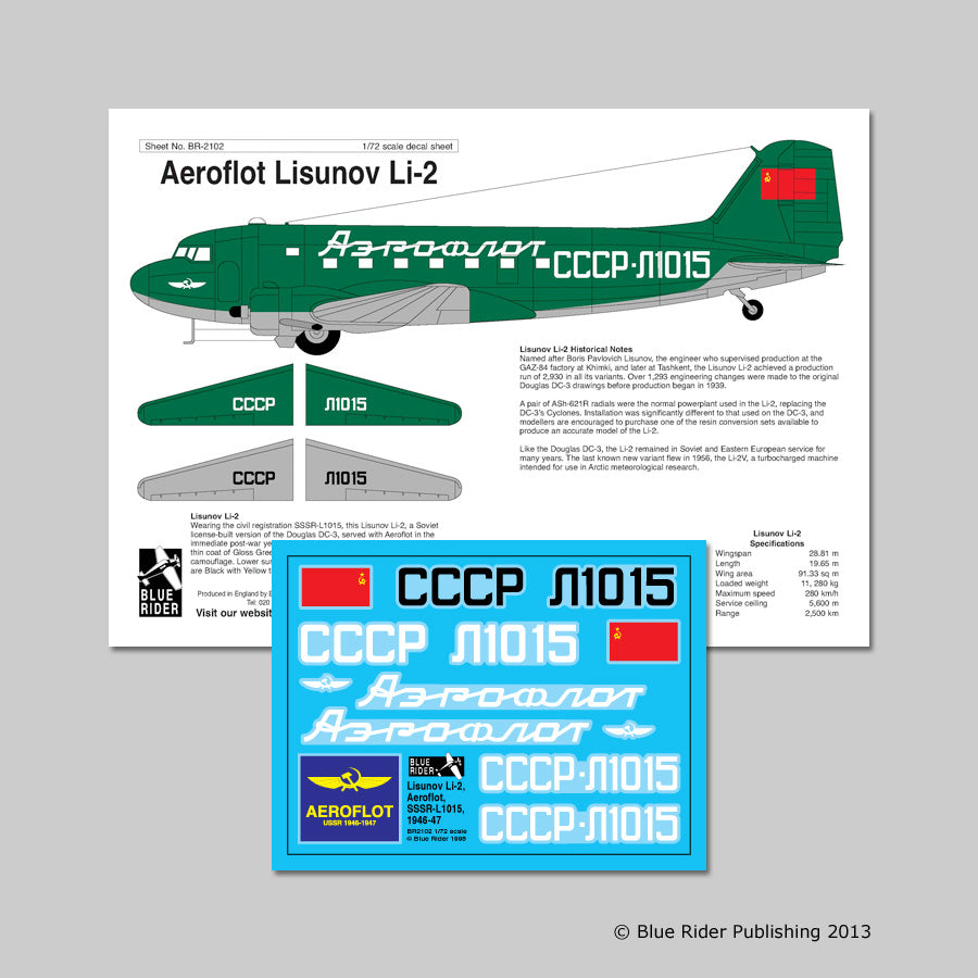 Blue Rider BR-2102 1:72 Aeroflot Lisunov Li-2 Civil Aeroflot decals for a 1946-47 Lisunov Li-2