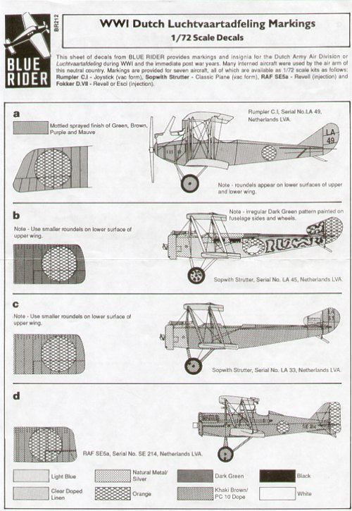 Blue Rider BR-212 1:72 WWI Dutch. Includes Rumpler C.I, Sopwith 1½ Strutter x 2, Royal Aircraft Factory S.E.5A, Fokker D.VII x 3
