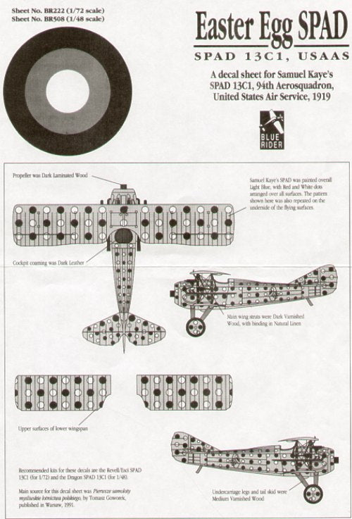 Blue Rider BR-222 1:72 Spad 13C 94th Aerosquadron Samuel Kaye's 'Easter Egg'