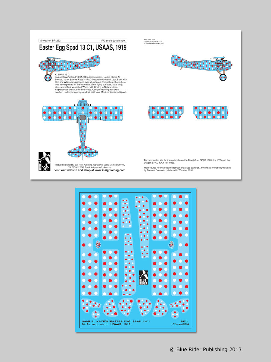 Blue Rider BR-222 1:72 Spad 13C 94th Aerosquadron Samuel Kaye's 'Easter Egg'
