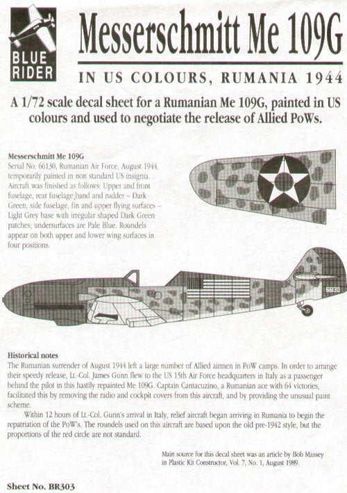 Blue Rider BR-303 1:72 Messerschmitt Bf-109G in US colours, Rumania 1944