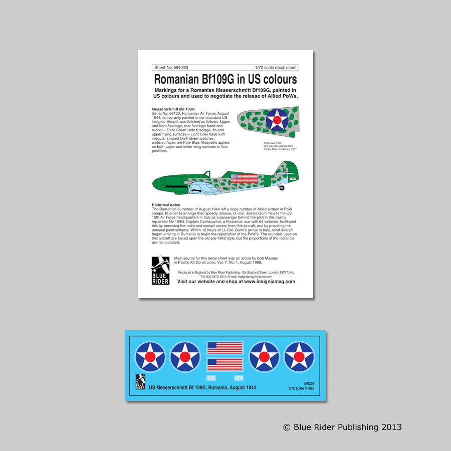 Blue Rider BR-303 1:72 Messerschmitt Bf-109G in US colours, Rumania 1944