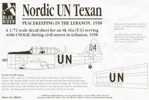 Blue Rider BR-304 1:72 North-American T-6G Texan 16047 coded 04 with United Nations (UN) Observation Group in Lebanon 1958