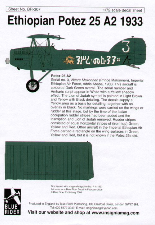 Blue Rider BR-307 1:72 Ethiopian Potez 25A-2 Addis Abba 1933
