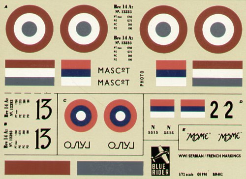 Blue Rider BR-402 1:72 Serbian/French WWI. Breguet 14, Bleriot XI-2, Nieuport N.24/27, Nieuport N.11