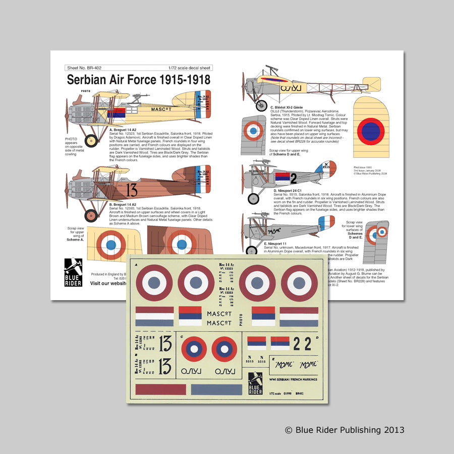 Blue Rider BR-402 1:72 Serbian/French WWI. Breguet 14, Bleriot XI-2, Nieuport N.24/27, Nieuport N.11