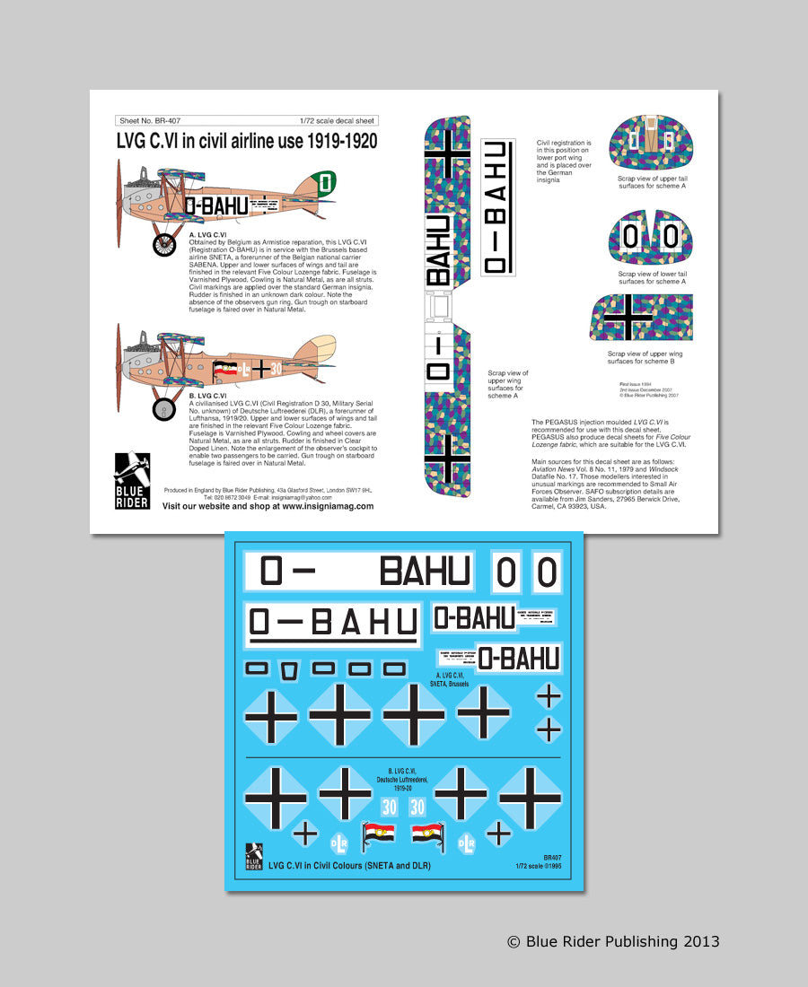 Blue Rider BR-407 1:72 LVG C.VI Civil 191-20. O-BAHU Belgian SNETA; No 30 DLR (forerunner of Lufthansa)