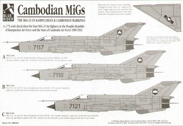 Blue Rider BR-409 1:72 Mikoyan MiG-21bis Red 717. 7110, 7121 from Kampuchea and Cambodian Afs