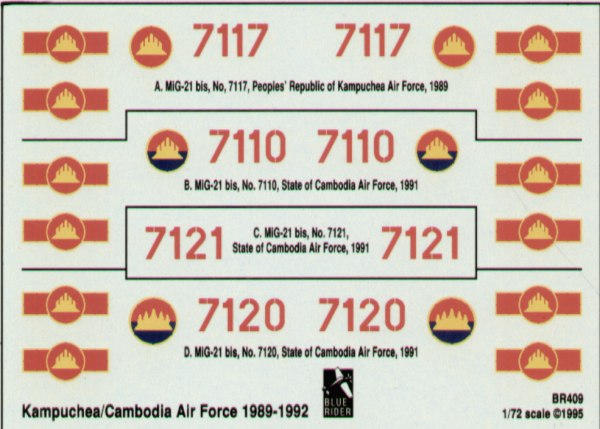 Blue Rider BR-409 1:72 Mikoyan MiG-21bis Red 717. 7110, 7121 from Kampuchea and Cambodian Afs