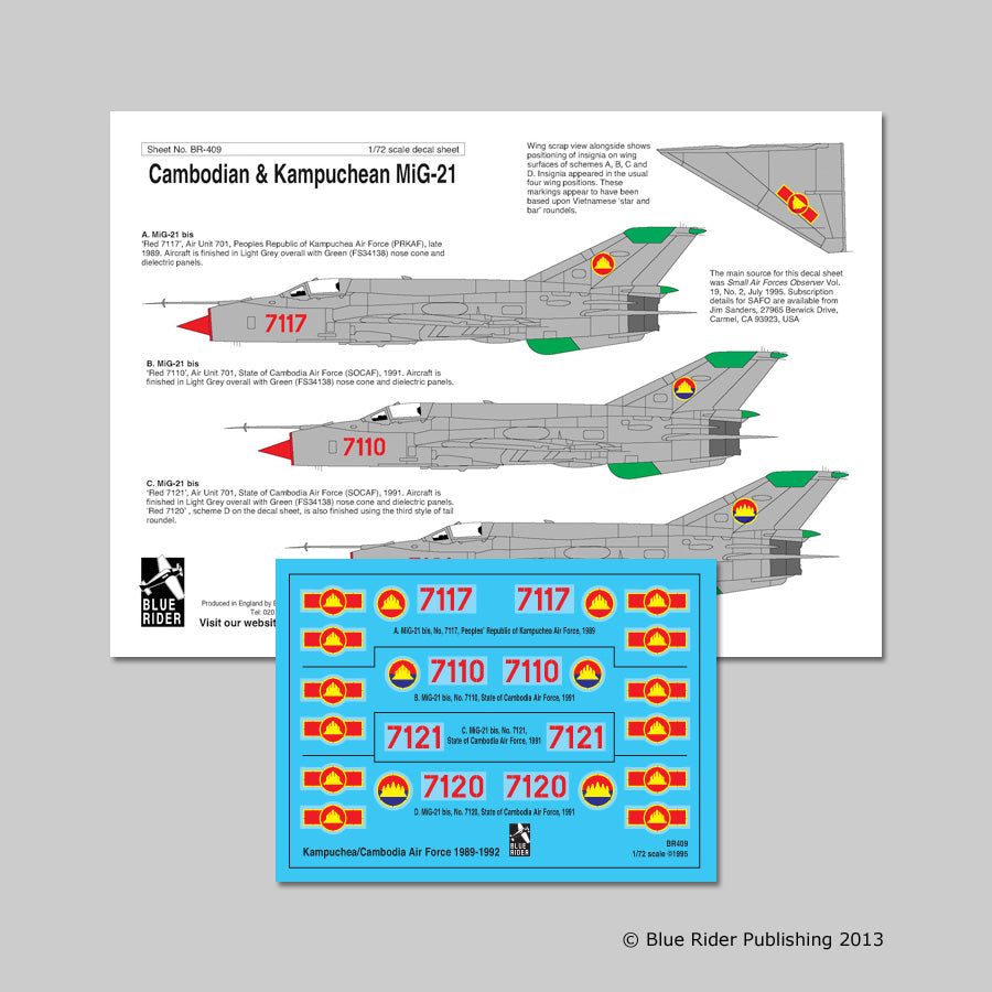 Blue Rider BR-409 1:72 Mikoyan MiG-21bis Red 717. 7110, 7121 from Kampuchea and Cambodian Afs