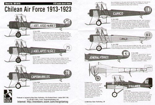 Blue Rider BR-415 1:72 Chilean Air Force 1913-23. Avro 504K schemes (5); Bleriot XI-2; Royal Aircraft Factory S.E.5A
