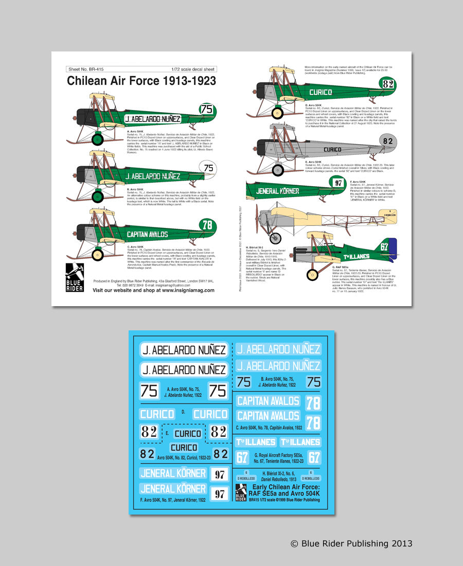 Blue Rider BR-415 1:72 Chilean Air Force 1913-23. Avro 504K schemes (5); Bleriot XI-2; Royal Aircraft Factory S.E.5A